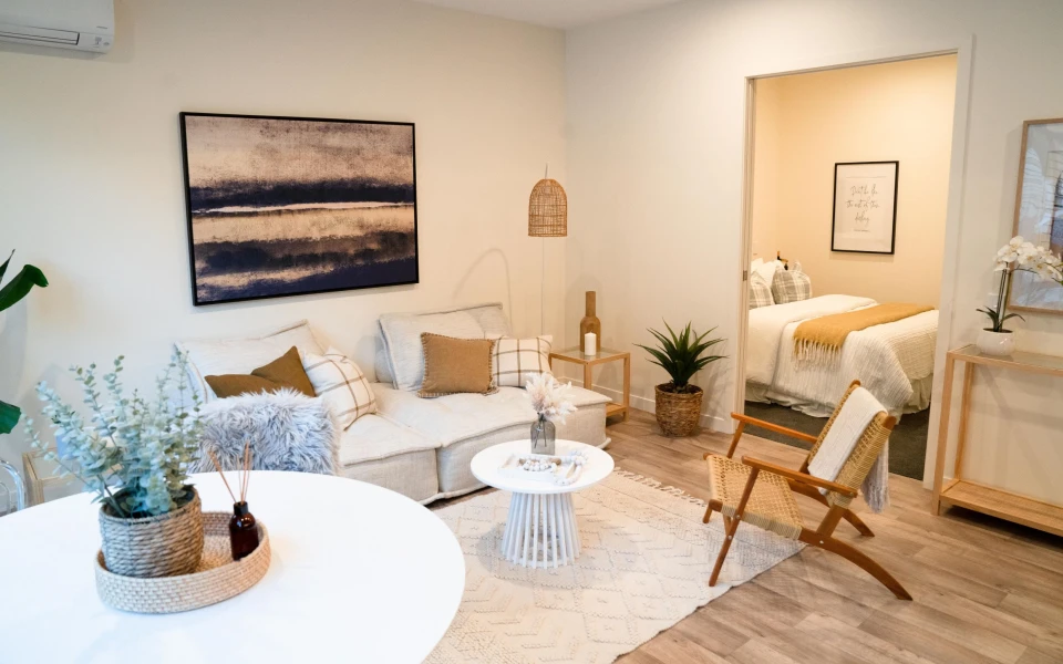 Internal view of Live Work apartment. Shows living space and bedroom.