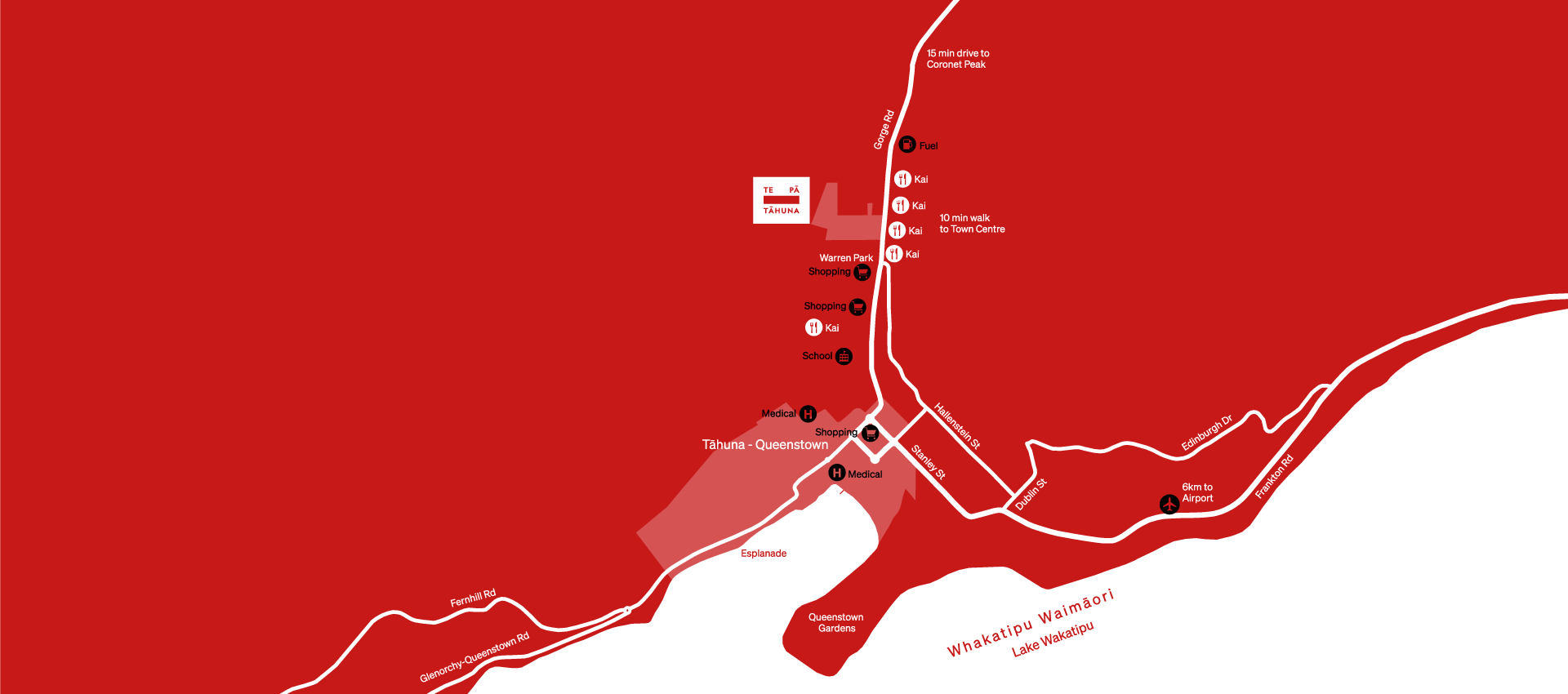 A stylised map showing amenities around Te Pa Tahuna